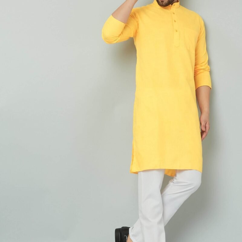 Solid yellow kurta set, versatile outfit.