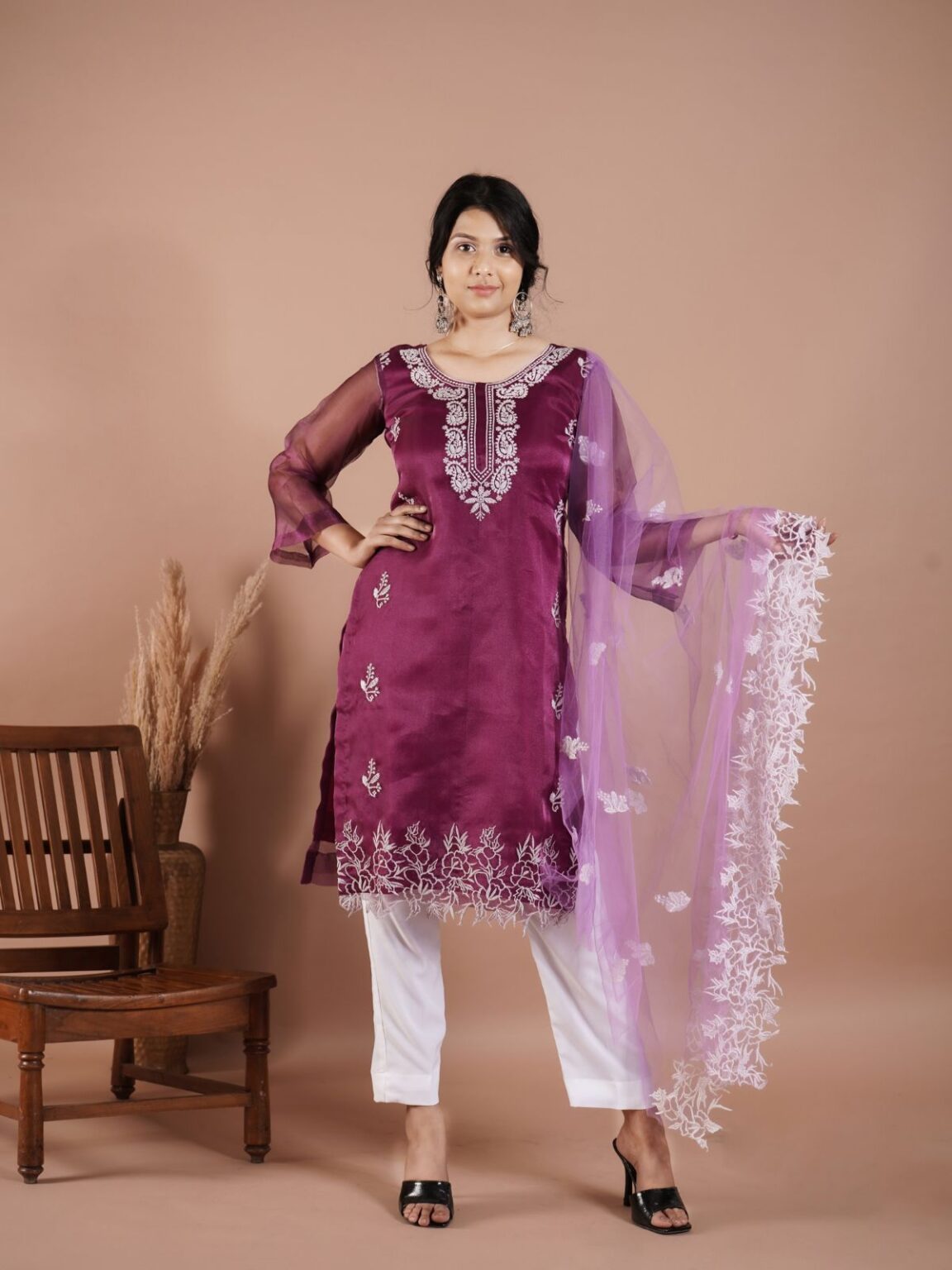 Unstitched Dark Magenta Embroidered Organza Pakistani Suit - Party Special Look