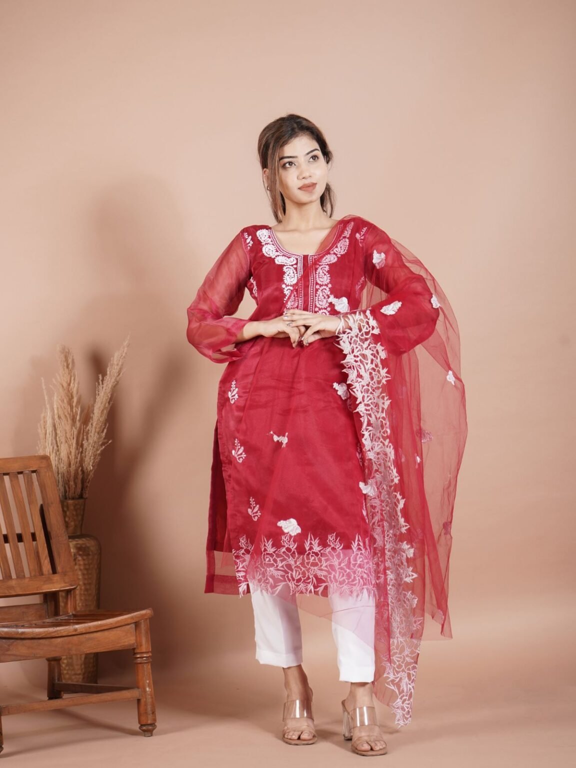 Unstitched Pakistani Dark Red Embroidered Organza Suit - Perfect for Weddings & Festivities