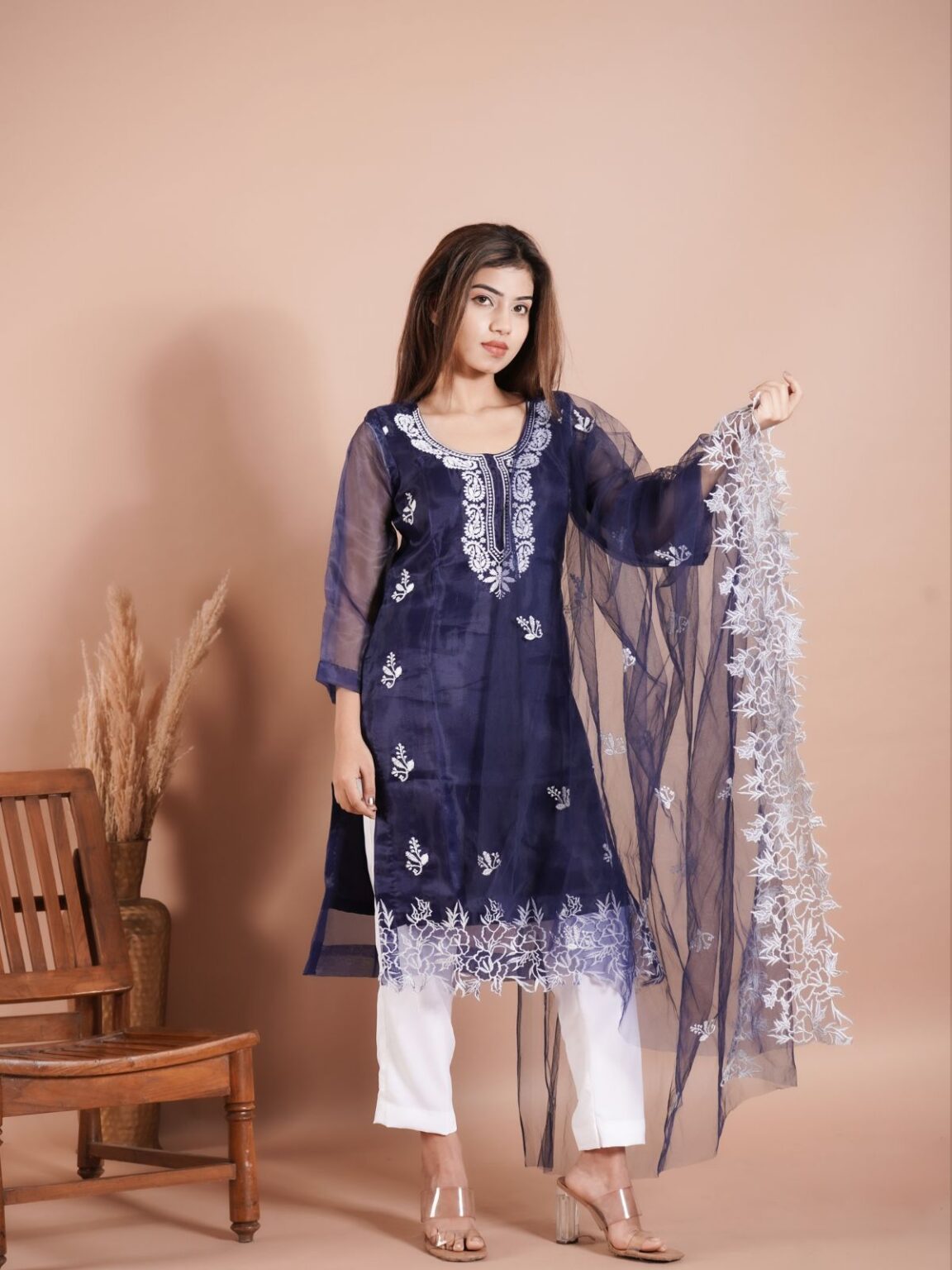 Unstitched Navy Blue Embroidered Organza Salwar Suit - Premium Pakistani Design
