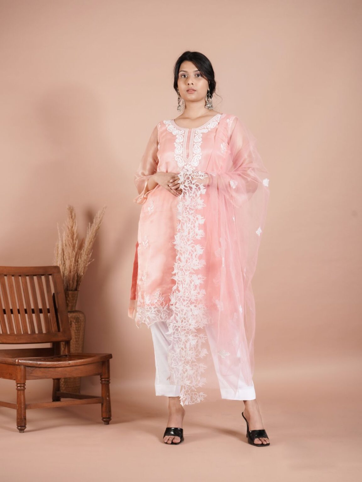 Unstitched Peach Pakistani Organza Salwar Suit - Graceful Embroidered Festive Wear