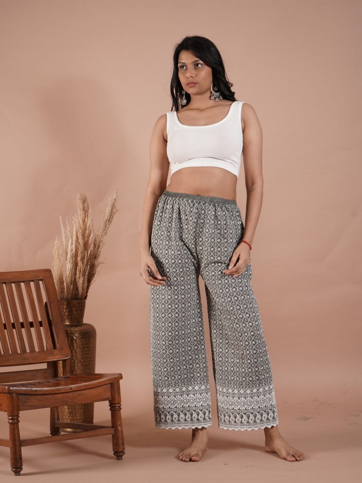 Grey Cotton Palazzo for Women – Subtle & Elegant with Chikan Embroidery