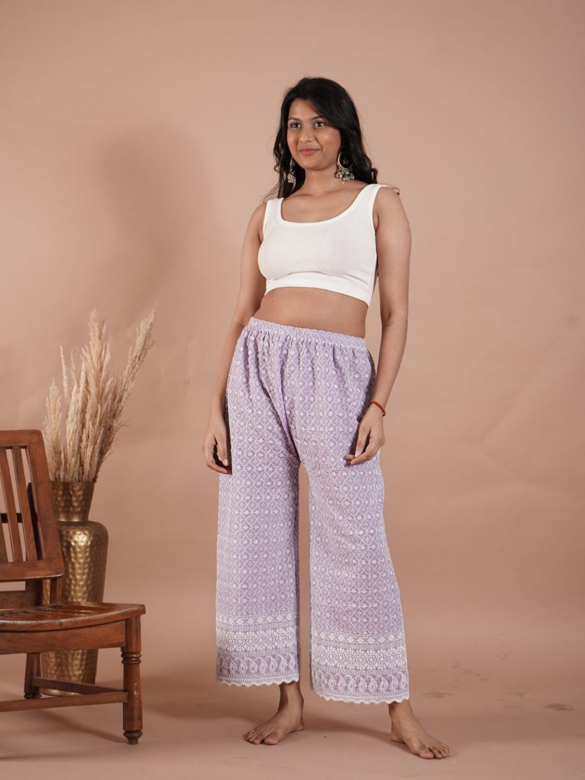 Light Purple Cotton Palazzo for Women – Graceful & Comfy with Chikan Work