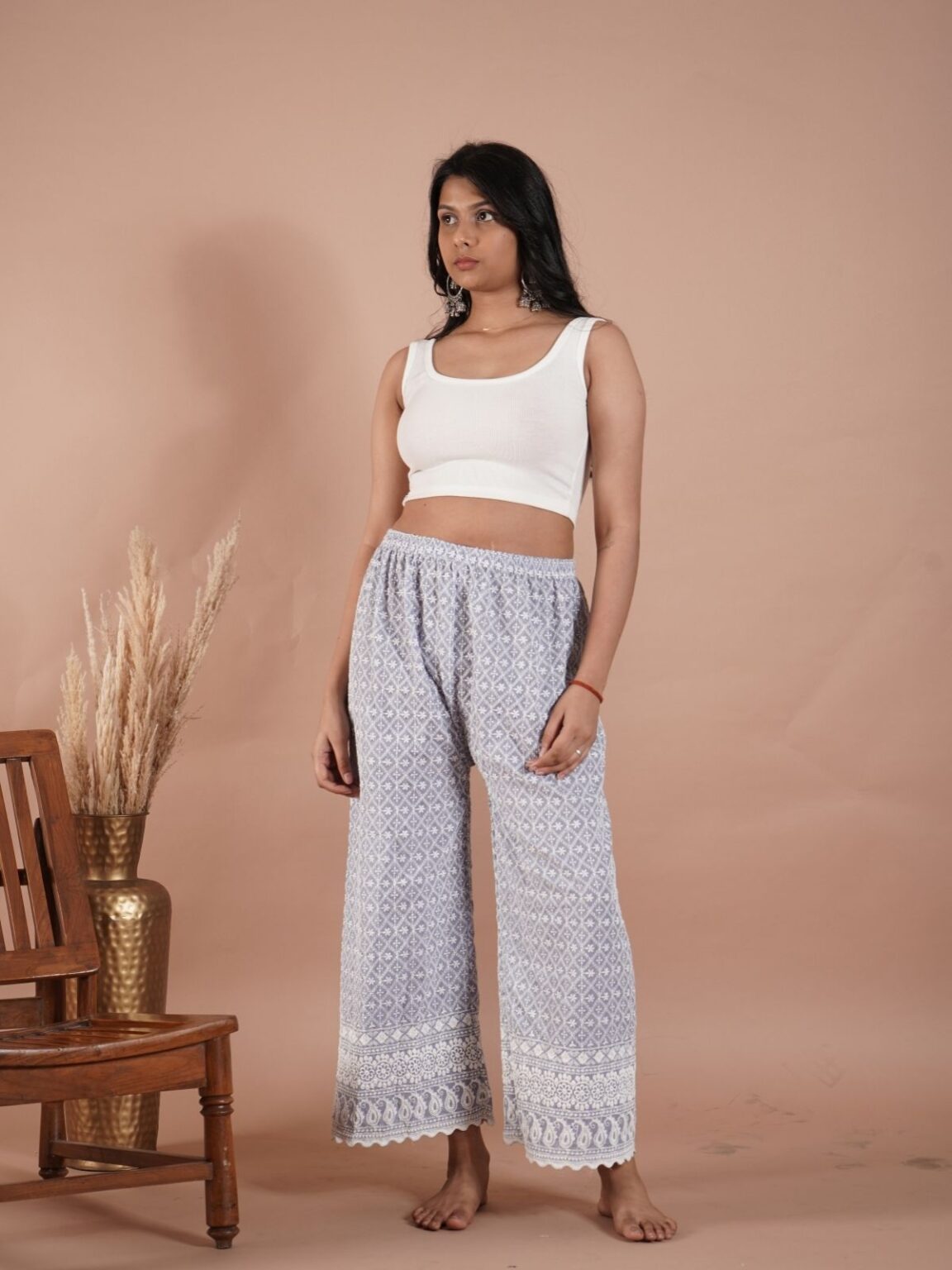 Mint Purple Cotton Palazzo for Women – Stylish Comfort with Chikan Embroidery