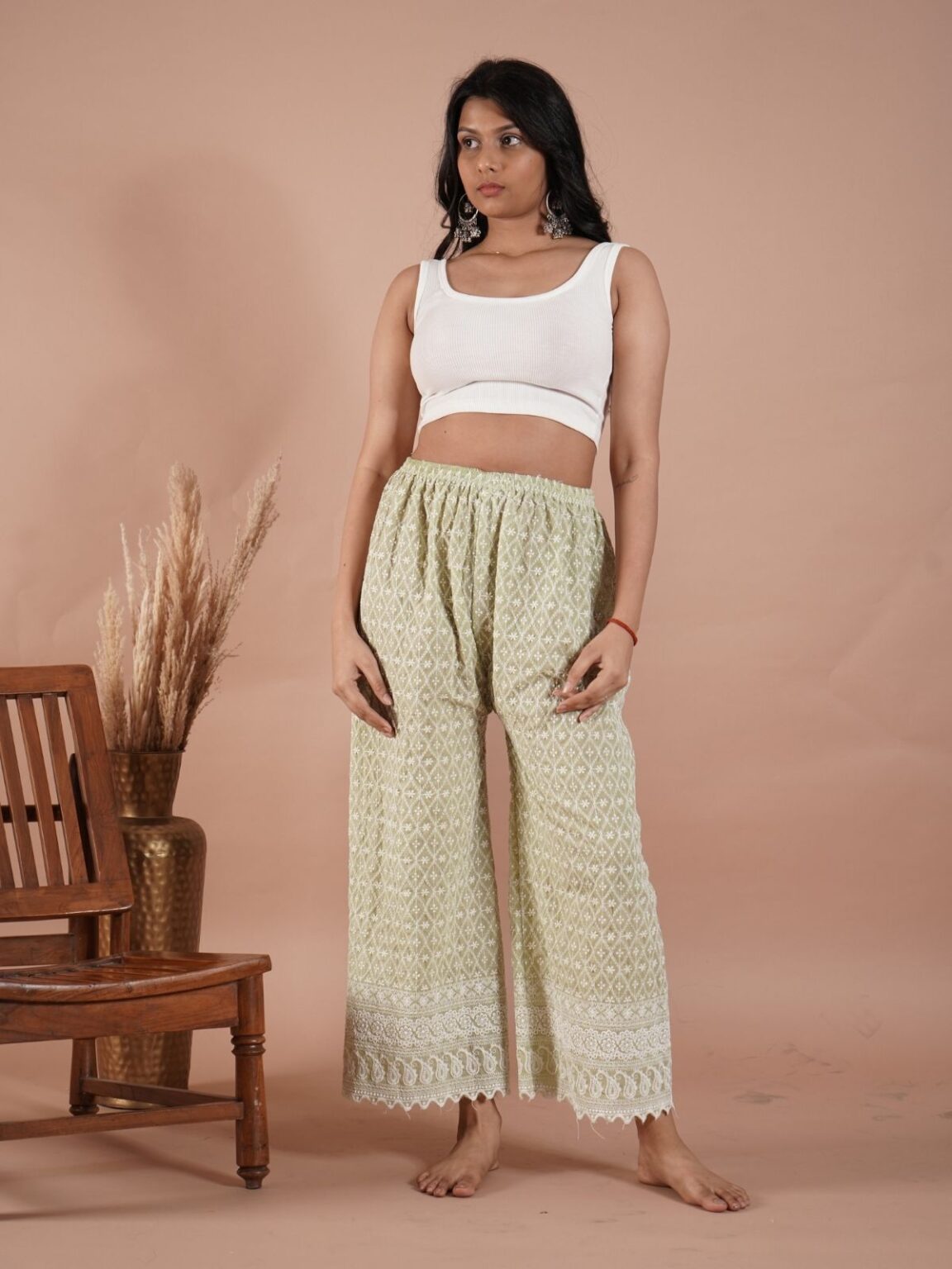 Pista Green Cotton Palazzo for Women – Fresh & Fun with Chikan Work
