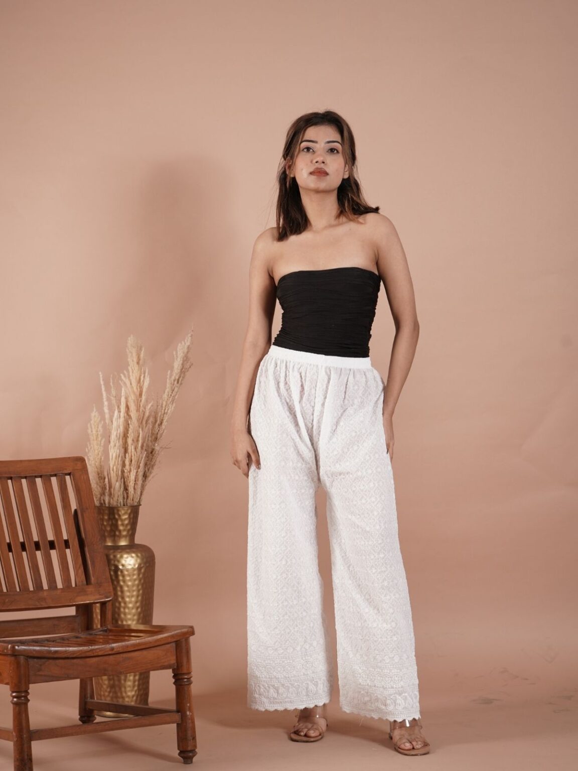White Cotton Palazzo for Women – Classic Comfort with Chikan Embroidery
