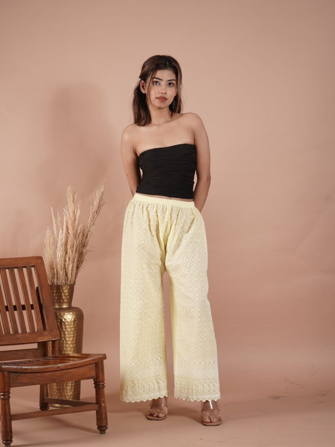 Women’s Yellow Cotton Palazzo with Chikan Embroidery