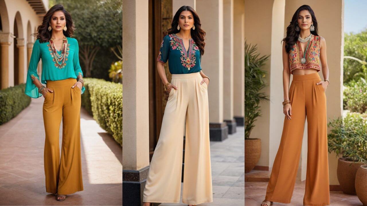 Woman wearing classic basic palazzo pants from Teradozz, paired with a vibrant embroidered top and statement jewelry for a festive look.