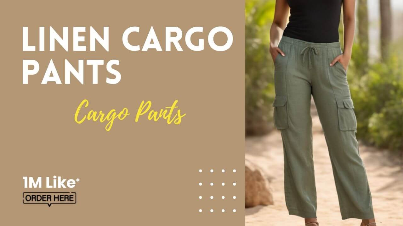 Indian woman wearing stylish linen cargo pants, posing casually in outdoor setting, Teradozz casual wear collection.