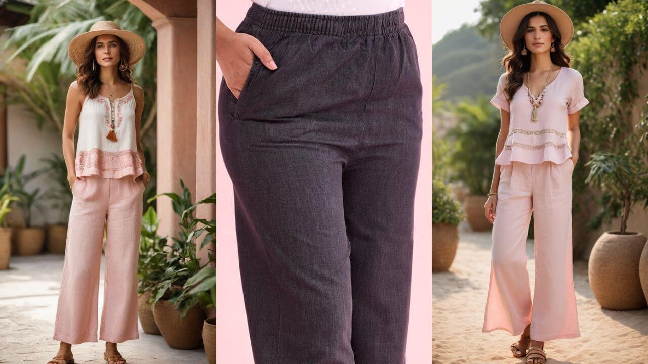 Woman in breathable linen palazzo pants from Teradozz, styled with a pastel kurta and embroidered dupatta, perfect for Durga Puja or Navaratri.