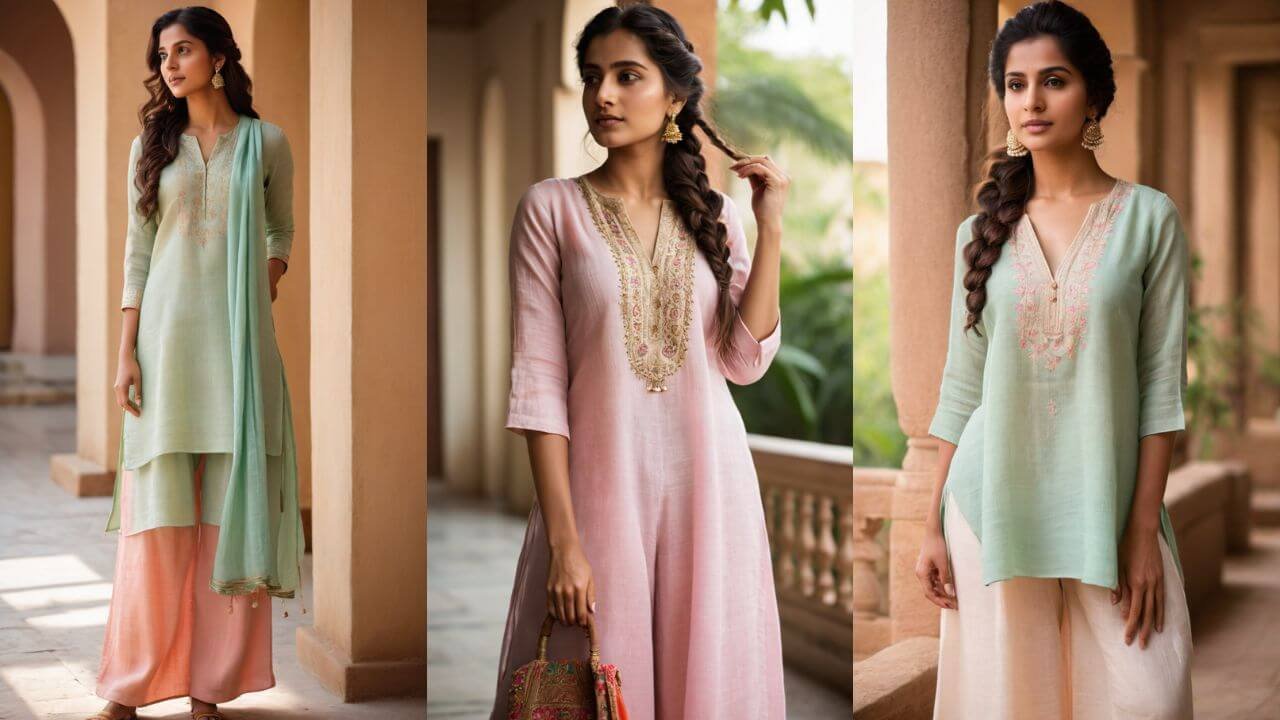 Stylish woman wearing relaxed linen wide pants from Teradozz, styled with an embroidered cotton peplum top and minimalist sandals.