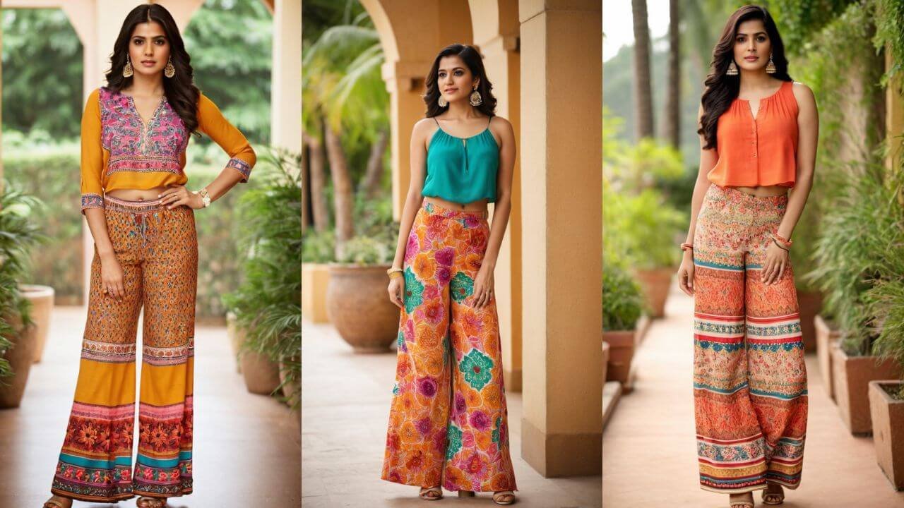 Model showcasing vibrant printed palazzo pants from Teradozz, paired with a matching floral top and festive jhumkas.