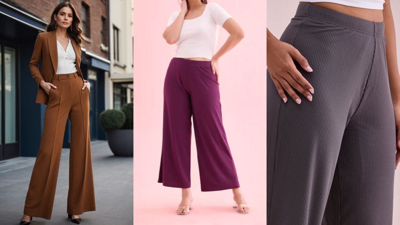 Fashionable woman in ribbed palazzo pants from Teradozz, paired with a matching top and jacket for a textured modern look.